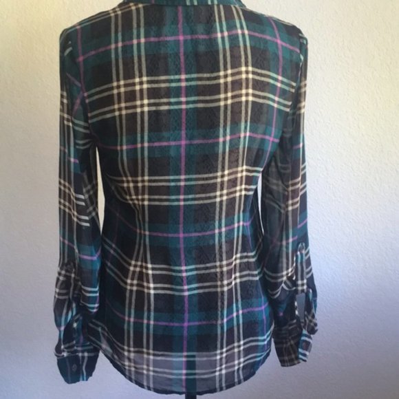 EUC Modcloth Sheer Plaid Button Down Blouse 1X - Picture 9 of 16